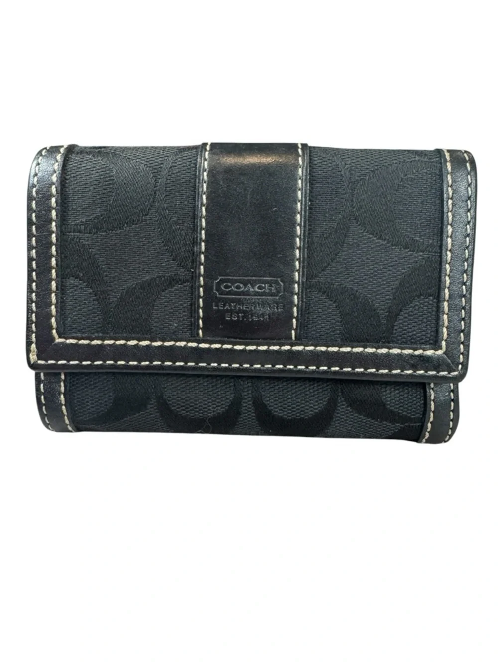 Coach Vintage Black Signature Jacquard Trifold Wallet Leather Monogram Y2K